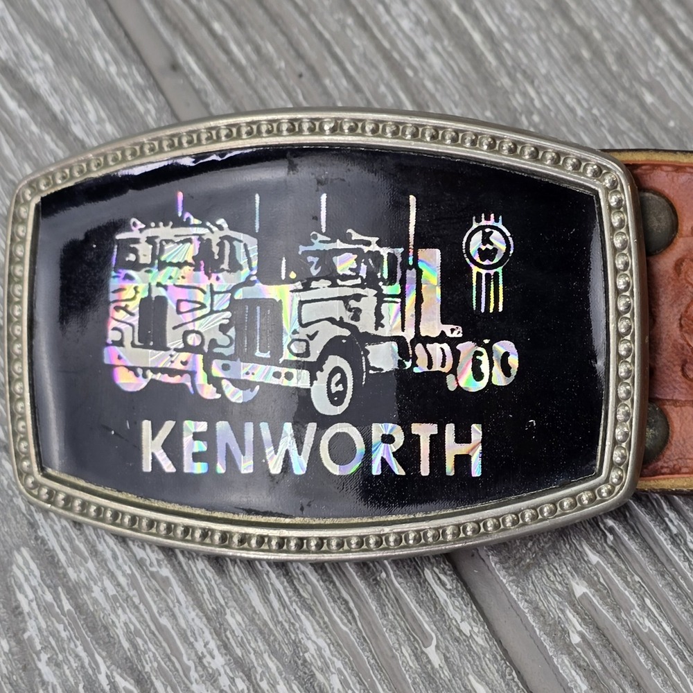Kenworth Black and Silver Belt Buckle 3.25"x2" & Size 38 Naugahyde Brown Belt